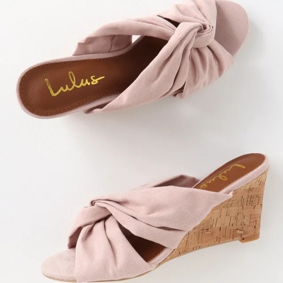 Lulus Shoes - Santana Wedge Blush Suede Knotted Cork Sandals 7.5